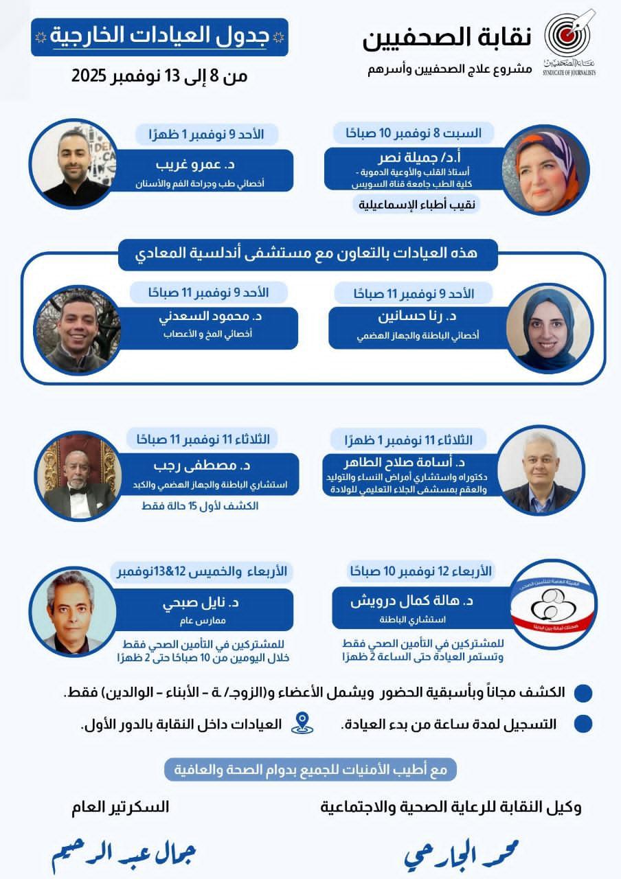 جدول العيادات الخارجية المجانية وعيادة التأمين الصحي الحكومي - Cover Image